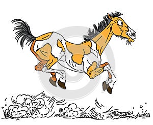 Happy cartoon old horse running free