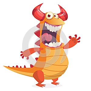 Happy cartoon orange monster dragon. Halloween vector illustration of excited troll.