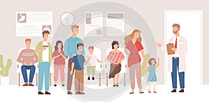 Happy cartoon patients in doctor waiting room vector flat illustration. Smiling people character visitors of modern