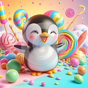 Happy cartoon penguin with a bright rainbow colored background, generative ai
