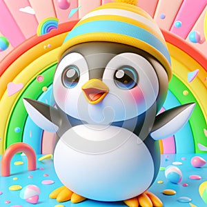 Happy cartoon penguin with a bright rainbow colored background, generative ai