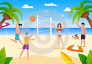 Happy Cartoon People Playing Beach Volleyball