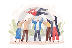 Happy cartoon people toss up person celebrating success vector flat illustration. Group of positive friends celebrate