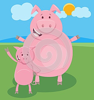 Happy cartoon pig farm animal character with little piglet