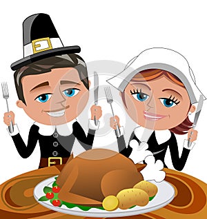 Happy Cartoon Pilgrims Eating Roast Turkey