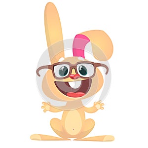 Happy cartoon rabbit wearing big eyesglasses waving hand. Vector illustration of smart bunny.