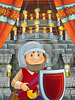 Happy cartoon scene with dwarf prince in castle room