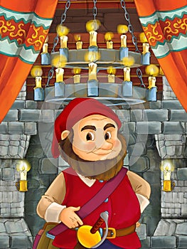 Happy cartoon scene with dwarf prince in castle room