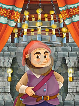 Happy cartoon scene with dwarf prince in castle room