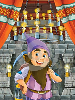 Happy cartoon scene with dwarf prince in castle room