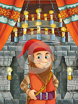 Happy cartoon scene with dwarf prince in castle room