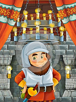 Happy cartoon scene with dwarf prince or king in castle room