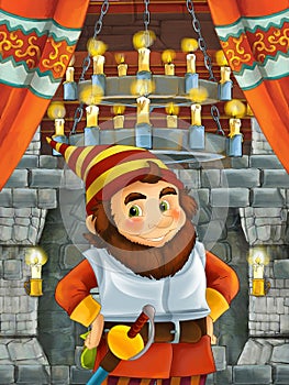 Happy cartoon scene with dwarf prince or king in castle room