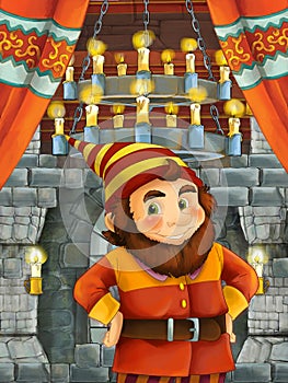 Happy cartoon scene with dwarf prince or king in castle room