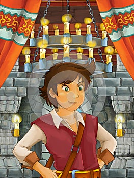 Happy cartoon scene with prince or king in castle room