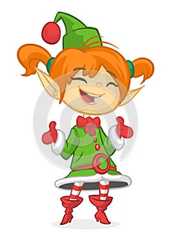 Happy Cartoon Smiling Blonde Girl Christmas Santa`s Elf. Vector illustration isolated on white.