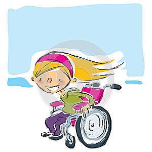 Happy cartoon smiling blonde girl in magenta wheelchair moving f