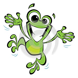 Happy cartoon smiling frog jumping excited