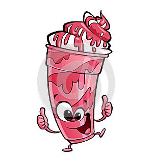Happy cartoon strawberry milkshake character making a thumbs up