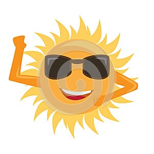 Happy cartoon style sun is smiling with sunglasses and saying hello