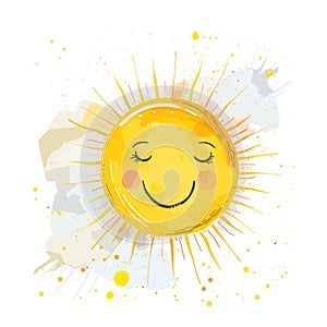 Happy cartoon sun splattered paint watercolor effect isolated white background. Smiling sun face photo