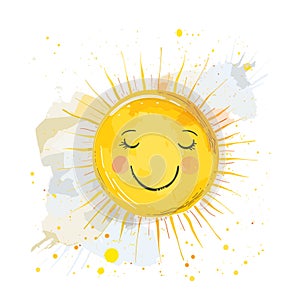 Happy cartoon sun splattered paint watercolor effect isolated white background. Smiling sun face