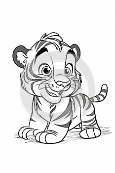 A happy cartoon tiger cub with a smiling jaw, whiskers, and cute nose. sketch.
