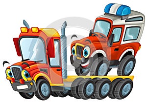 Happy cartoon tow truck driver with car isolated on white illustration