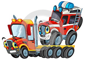 Happy cartoon tow truck driver with car isolated on white illustration