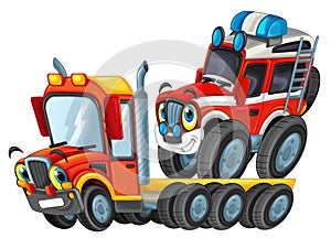 Happy cartoon tow truck driver with car isolated on white illustration