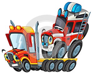 Happy cartoon tow truck driver with car isolated on white illustration