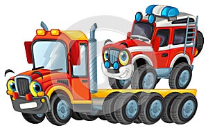 Happy cartoon tow truck driver with car isolated on white illustration