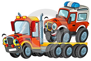 Happy cartoon tow truck driver with car isolated on white illustration