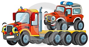 Happy cartoon tow truck driver with car isolated on white illustration