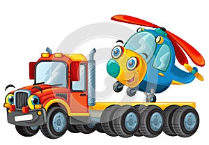 Happy cartoon tow truck driver with helicopter