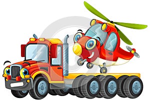 Happy cartoon tow truck driver with helicopter
