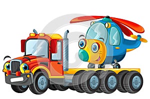 Happy cartoon tow truck driver with helicopter