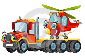 Happy cartoon tow truck driver with helicopter