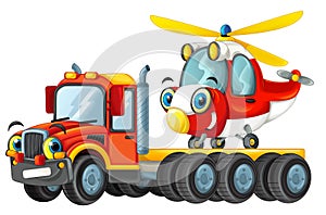 Happy cartoon tow truck driver with helicopter