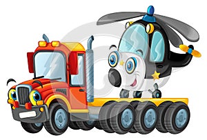 Happy cartoon tow truck driver and helicopter illustration