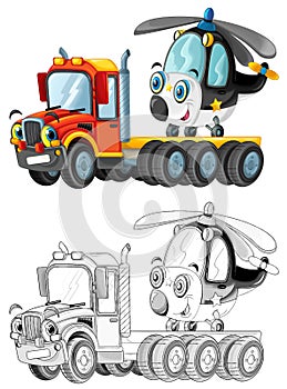 Happy cartoon tow truck driver and helicopter illustration