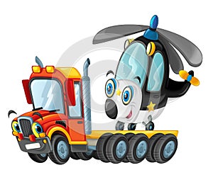 Happy cartoon tow truck driver helicopter isolated