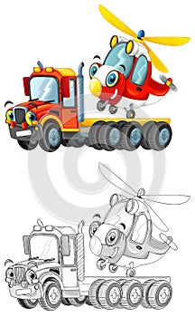 Happy cartoon tow truck driver and helicopter isolated