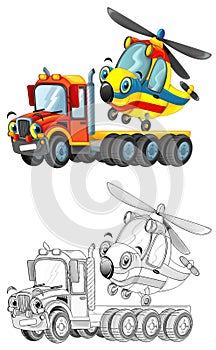 Happy cartoon tow truck driver and helicopter isolated