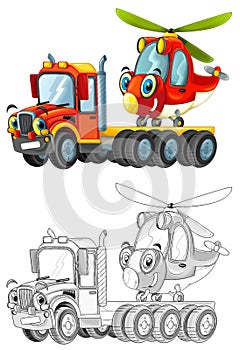 Happy cartoon tow truck driver and helicopter isolated