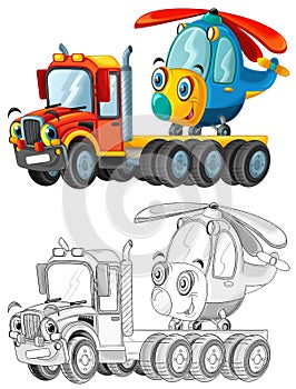 Happy cartoon tow truck driver and helicopter isolated