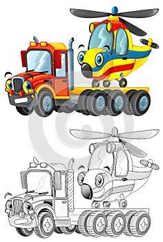 Happy cartoon tow truck driver and helicopter isolated