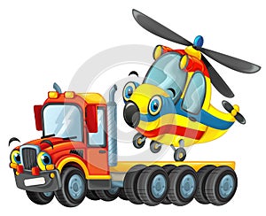 Happy cartoon tow truck driver and helicopter isolated illustration