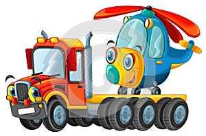 Happy cartoon tow truck driver and helicopter isolated illustration