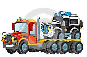 Happy cartoon tow truck driver with other vehicle car